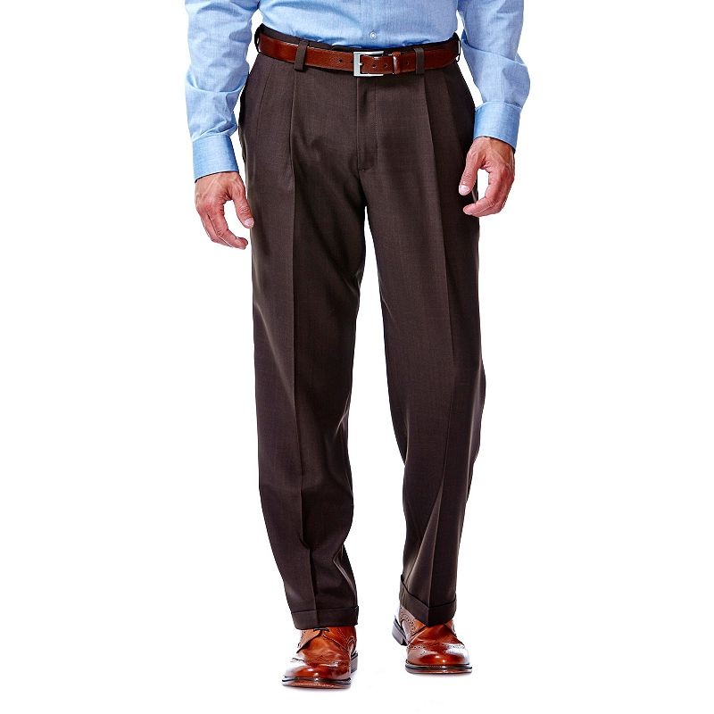 Haggar Men's Eclo Stria Classic Fit Pleated Dress Pants - Brown 34 x 30