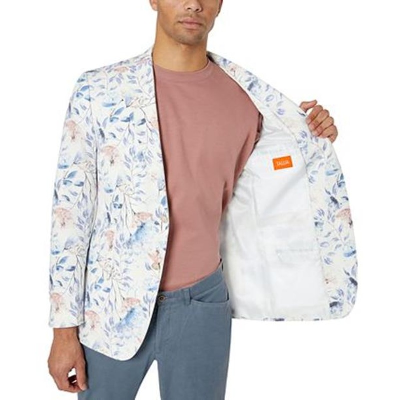 Tallia Mens Slim Fit Floral Linen Sport Coat White Mauve Blue 44S