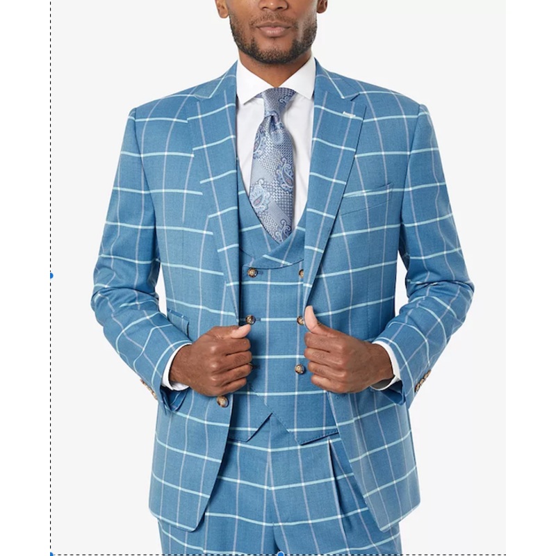 Tayion Collection Mens Classic Fit Wool Blend Blue Cream Windowpane Suit Jacket 42R