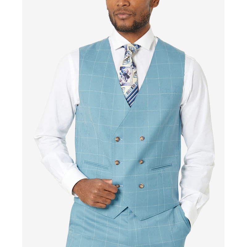 Tayion Men's Wool Suit Vest Teal Jacquard Windowpane Small
