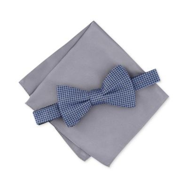 Alfani Men's Pre Tied Check Bow Tie & Solid Pocket Square Set Royal Blue