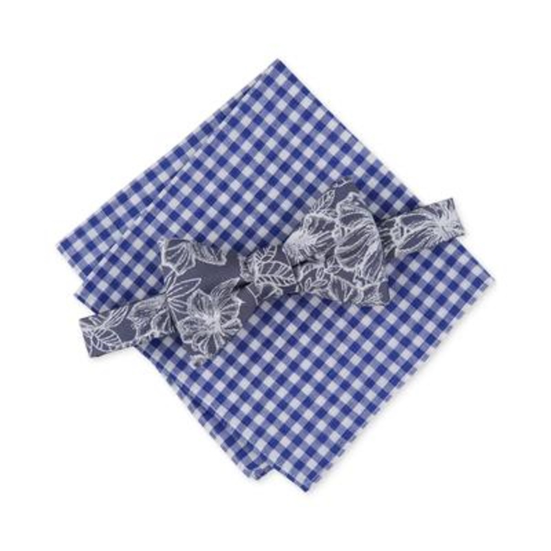 Bar Iii Men's Floral Pre Tied Bow Tie & Pocket Square Set Navy Grey