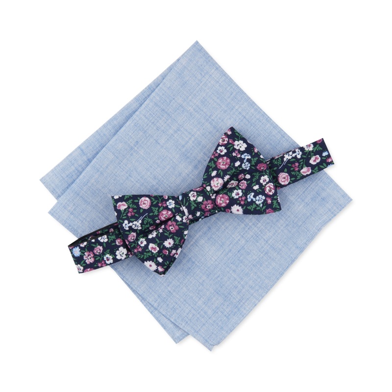 Bar Iii Men's Floral Pre Tied Bow Tie  Solid Pocket Square Set Blue Combo