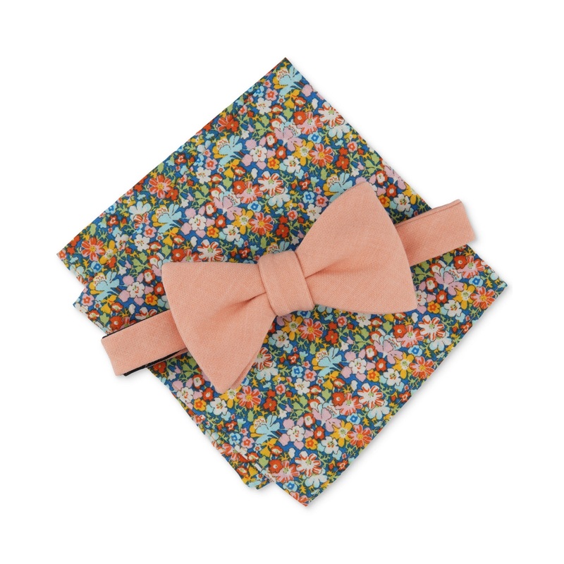 Bar III Mens Cooney Pre Tied Solid Bow Tie & Floral Pocket Square Set Melon