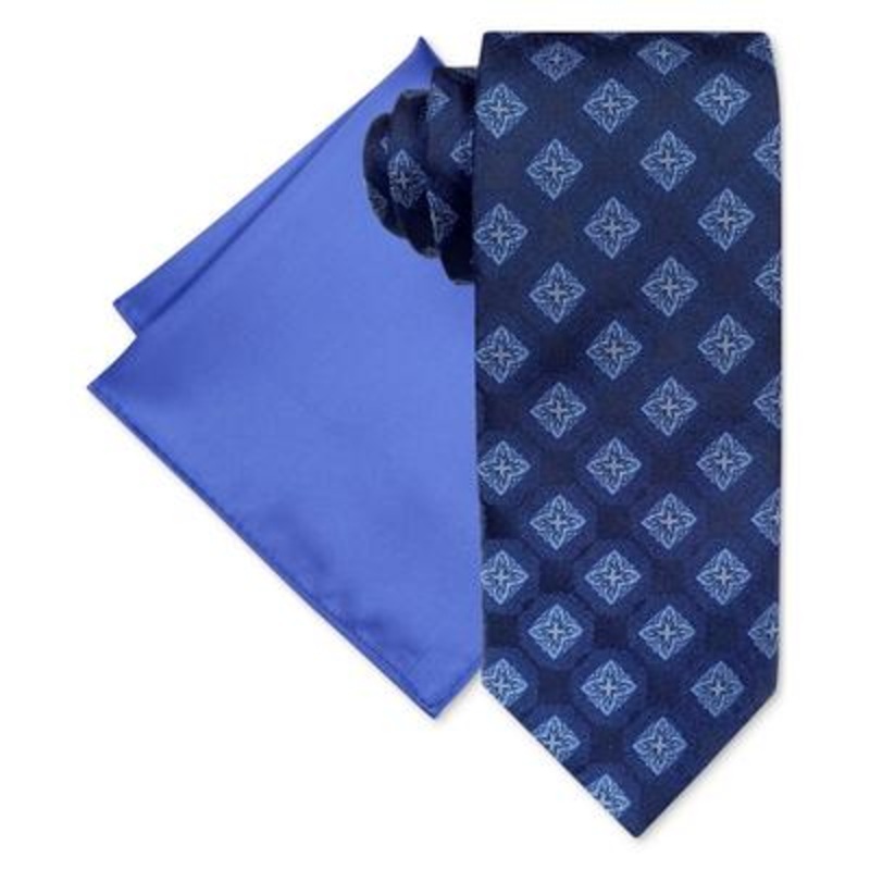 Steve Harvey Men's Tie Pocket Square Set Navy Blue Necktie