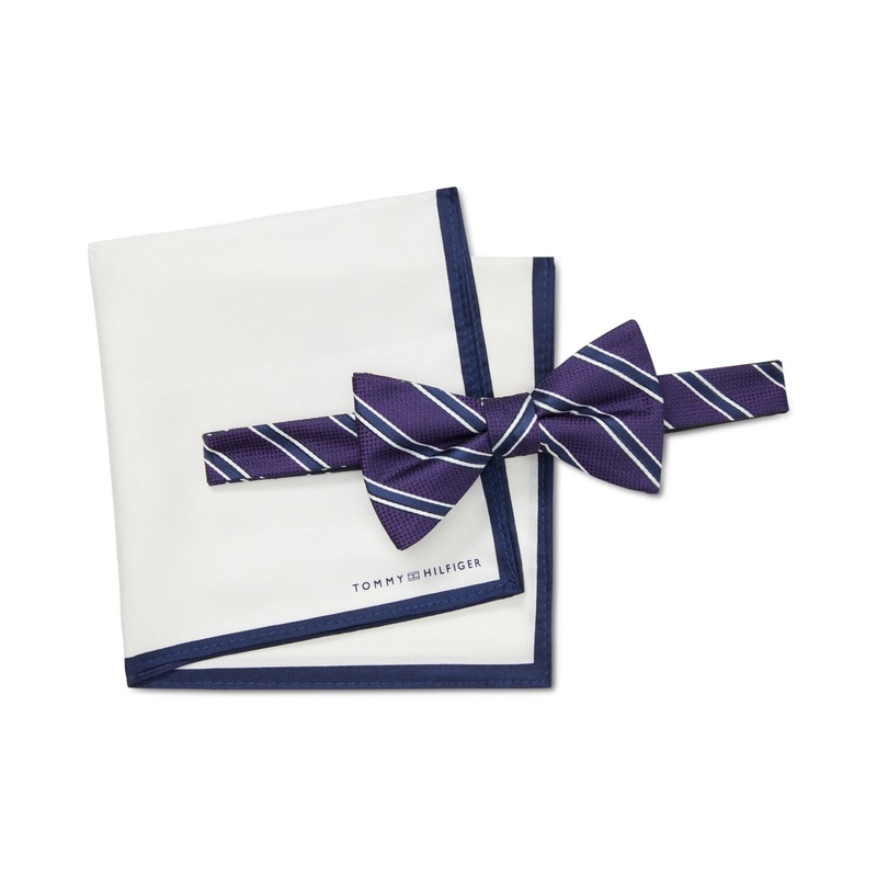 Tommy Hilfiger Men's 2 Piece Striped Bow Tie Necktie Pocket Square Set Purple