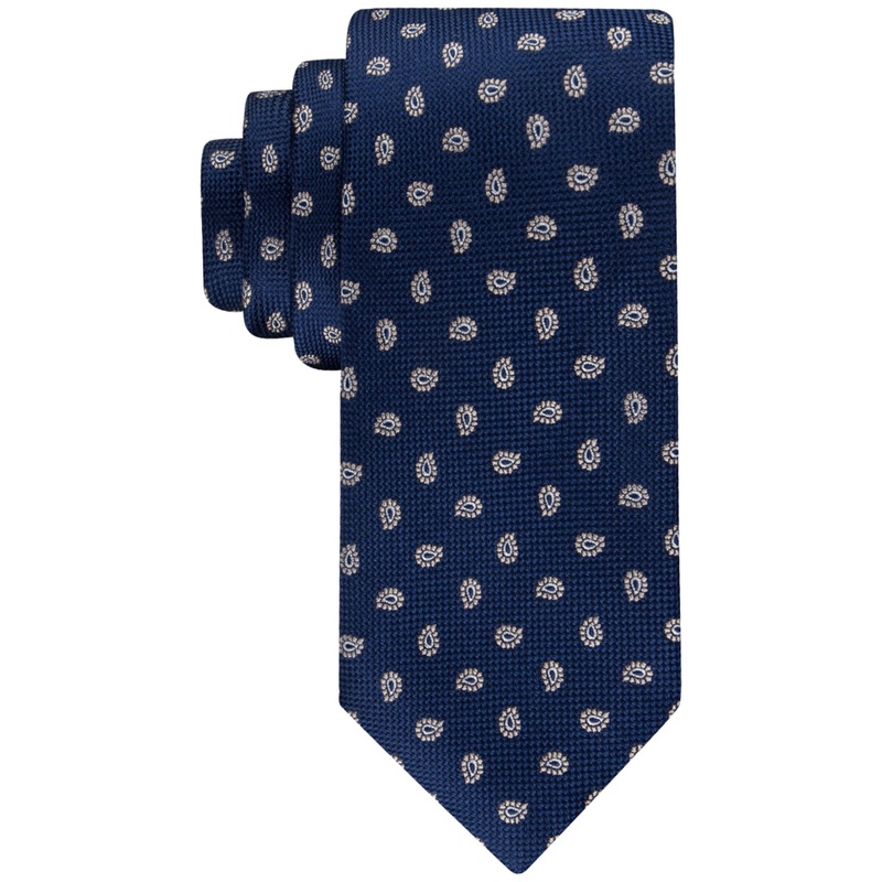Tommy Hilfiger Men's Classic Paisley Pine Oxford Tie Navy Blue Beige Necktie