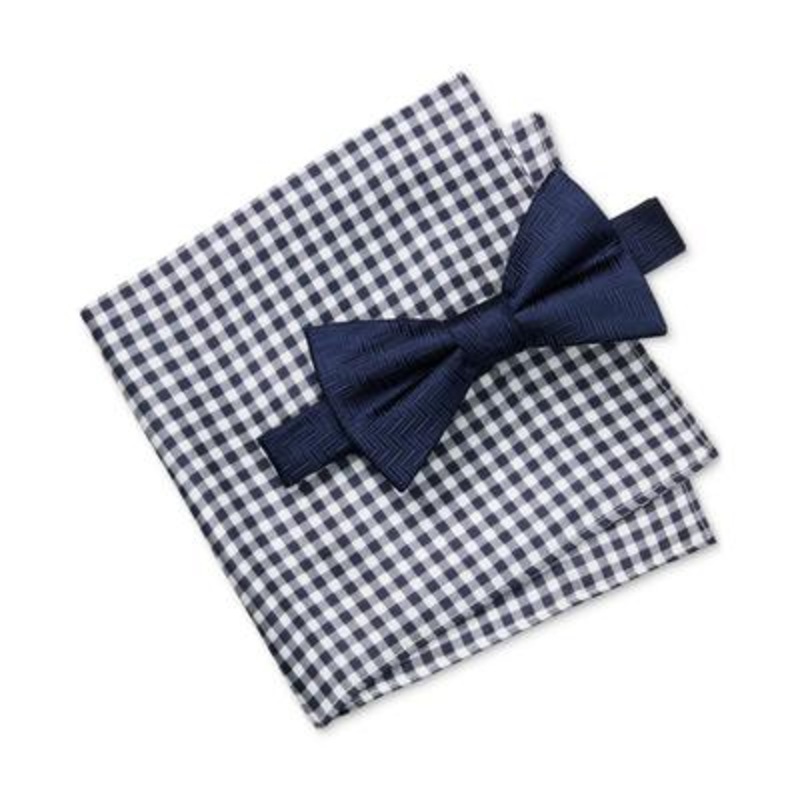 Tommy Hilfiger Men's Tonal Stripe Solid Bow Tie Gingham Pocket Square Set Blue