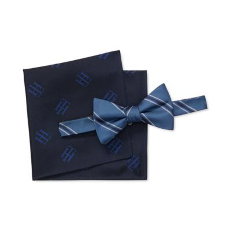 Tommy Hilfiger Mens 2 Pc. Rumi Striped Bow Tie Pocket Square Set Blue Necktie