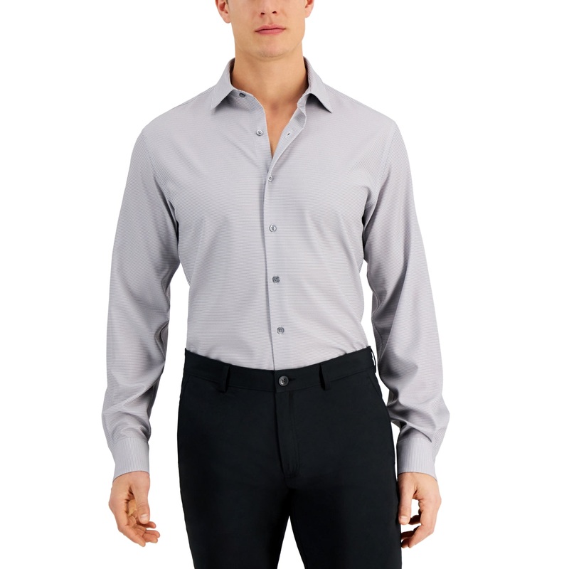 Alfani Men's Slim Fit 4Way Stretch Geo Print Dress Shirt Grey  14-14.5 / 32-33