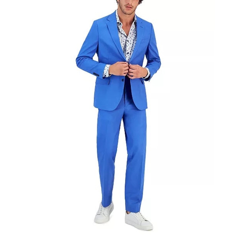 NAUTICA Men's Suit 38R / 32 x 32 Royal Blue Modern-Fit Cotton Linen Blend