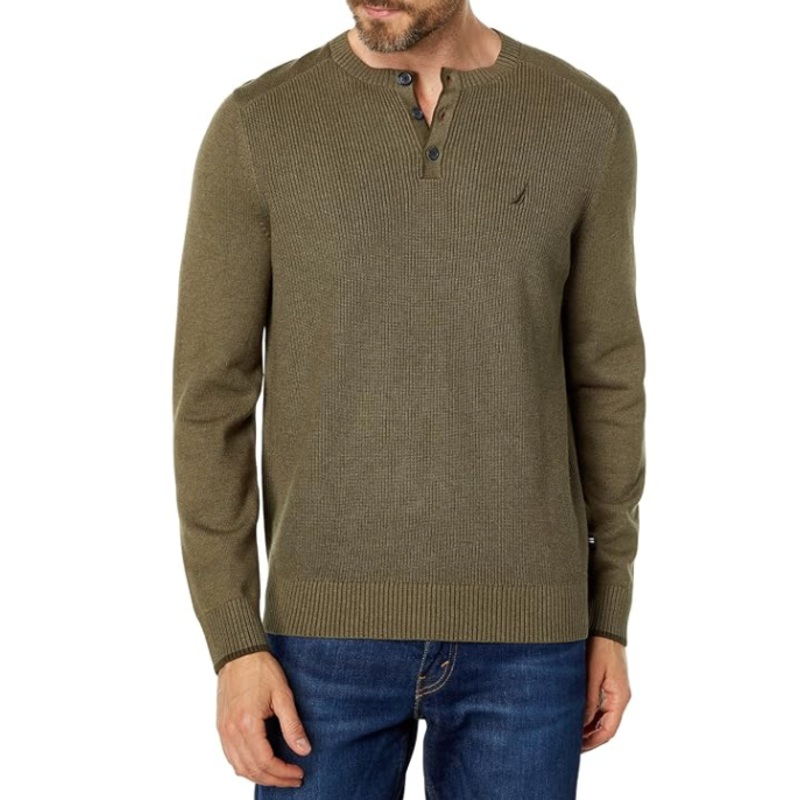 Nautica Mens Henley Cotton Sweater XL Dark Green