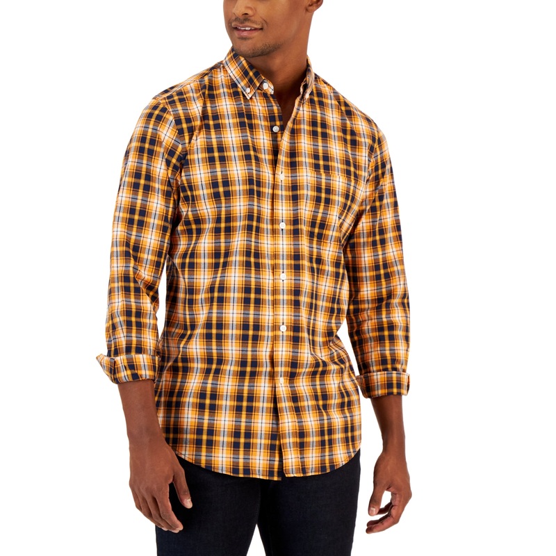 Pascal Mens Plaid Classic Fit Buttondown Shirt Club Room Orange Medium