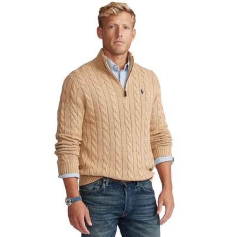 Polo Ralph Lauren Cable Knit Cotton 1 4-Zip Sweater XLT XL Tall Camel Melange