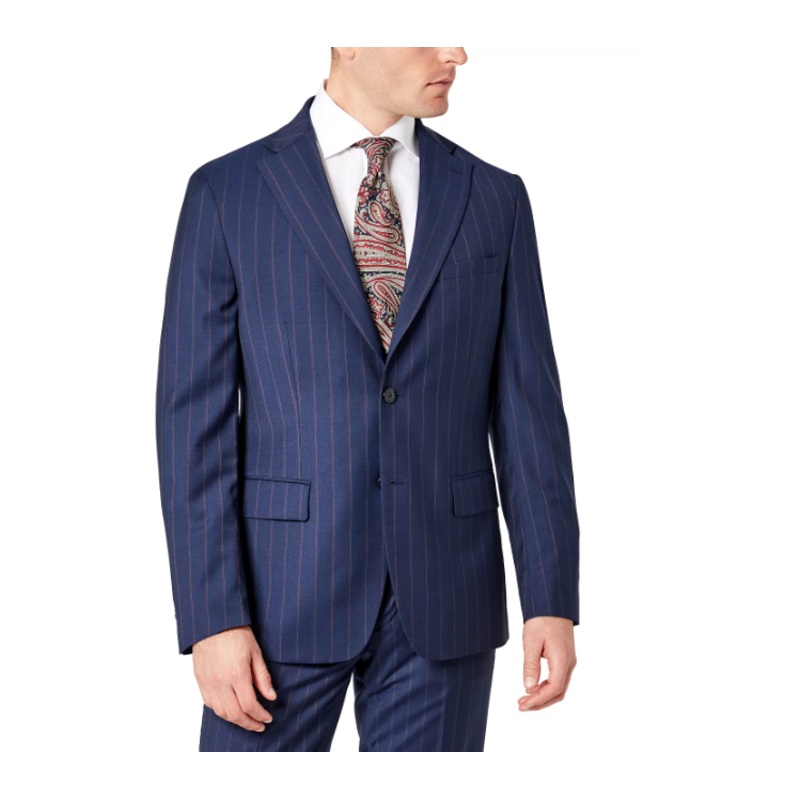 Tallis Men Slim Fit Wool Navy Burgundy Stripe Suit Jacket 48R