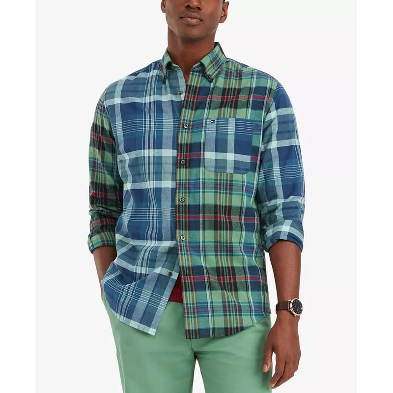 TOMMY HILFIGER Mens Mavis Plaid Pieced Green Blue Classic-Fit Button Shirt Small