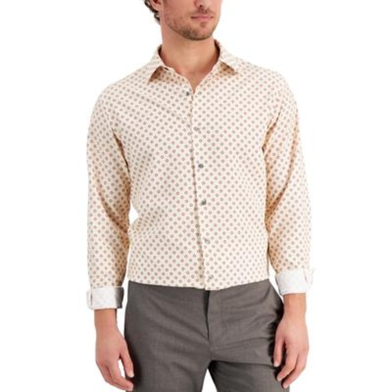 Alfani Men's Slim Fit 4Way Stretch Geoprint Dress Shirt Beige 16 - 16.5  32 / 33