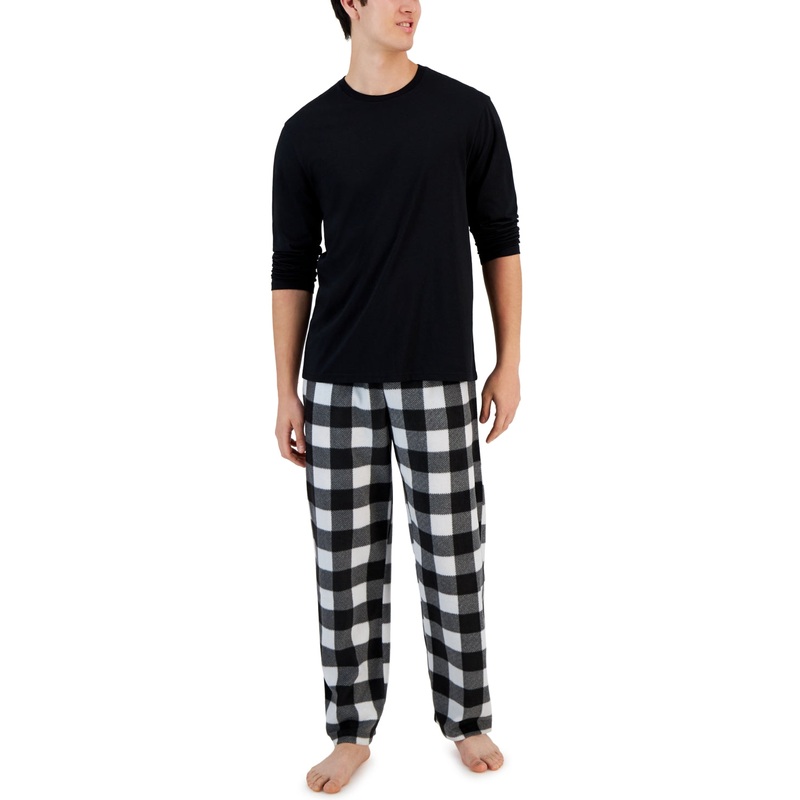 Club Room Men's 2-Pc. Long-Sleeve T-Shirt & Plaid Pajama Pants Set BLACK LARGE