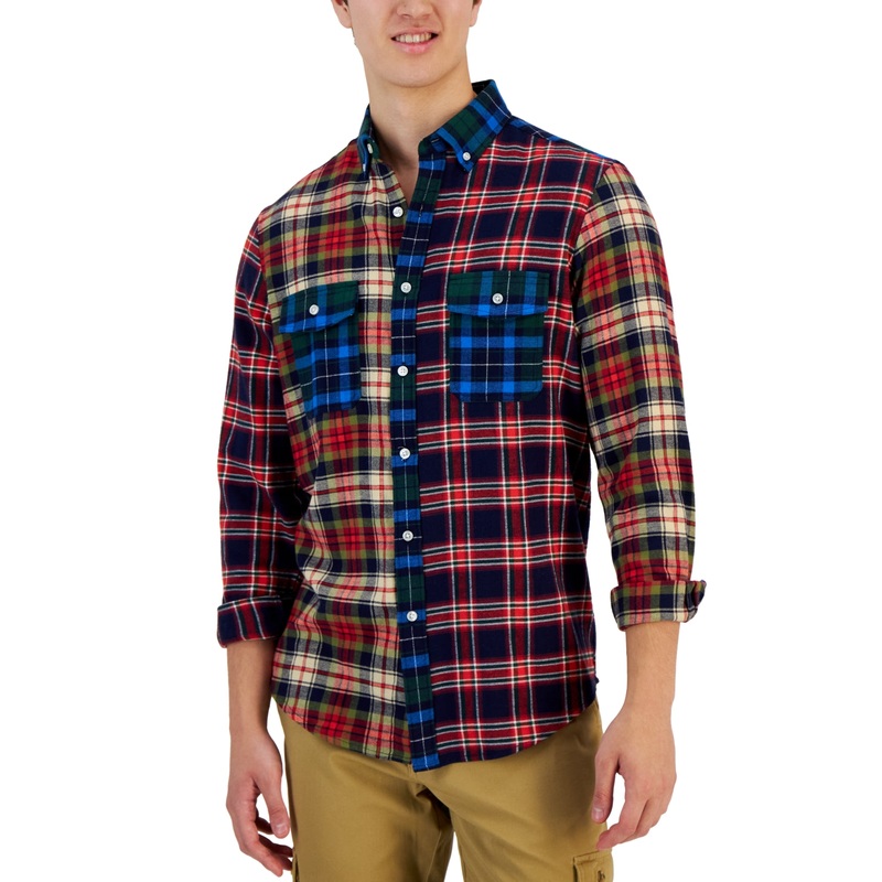 Club Room Men's Colorblocked Plaid Flannel Shirt Bright Red/Blue Combo 2XL