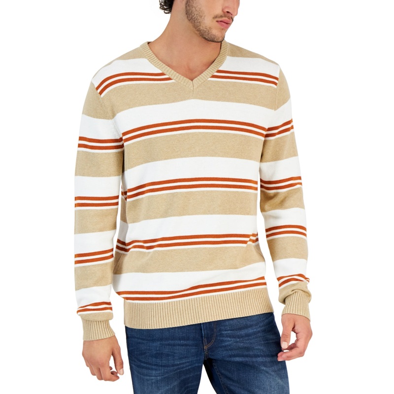 Club Room Men's Striped V-neck Sweater  Winter Ivory Medium