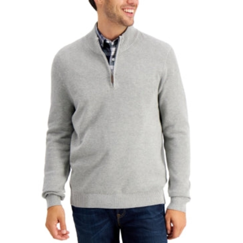 Club Room Mens Cotton 1/4 Zip Pullover Sweater Gray Small