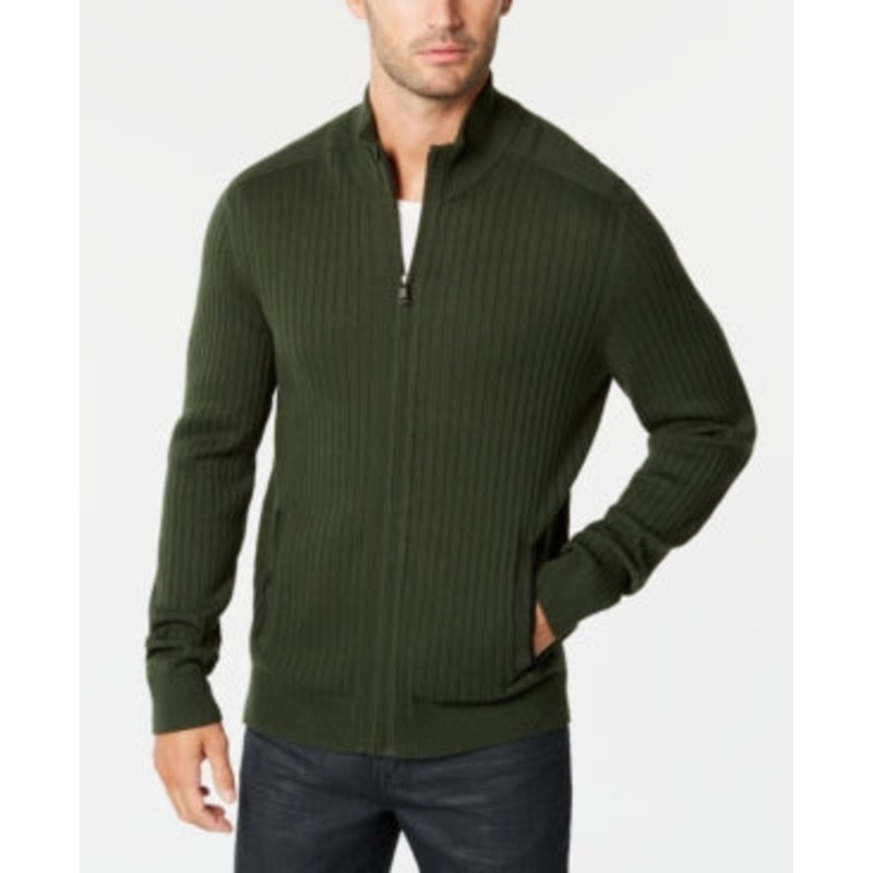 Alfani Men's Ribbed Full-zip Sweater Classic Fit Dark Green Size Medium
