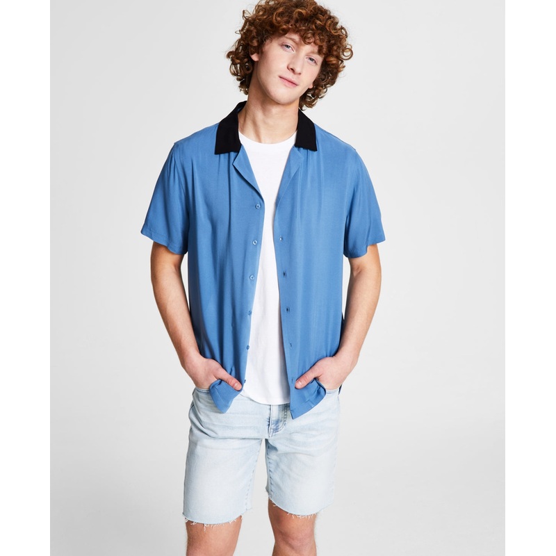 And Now This Men's Regular fit Bowling Shirt  Blue Large