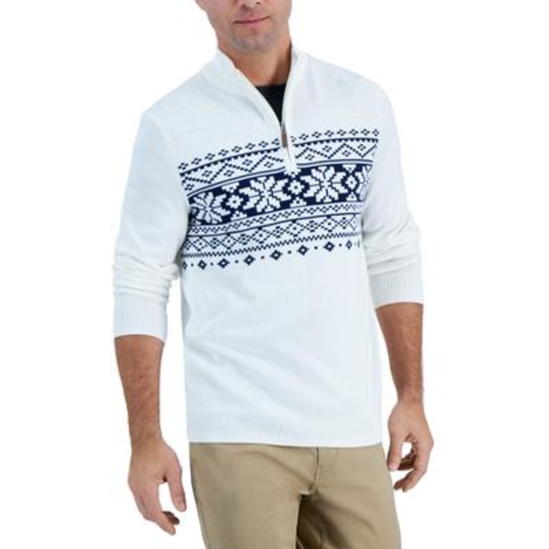 Club Room Men's Quarterzip Fair Isle Sweater Navy Light Blue Large