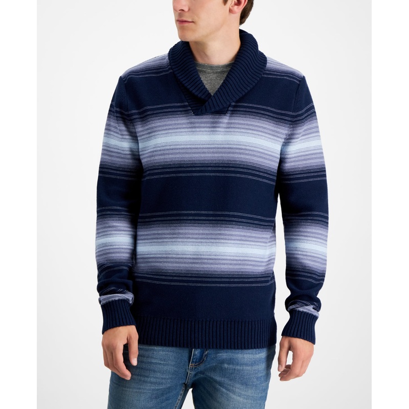 Mens Shawl Collar Stripe Pullover Sweater Sun + Stone Navy Med