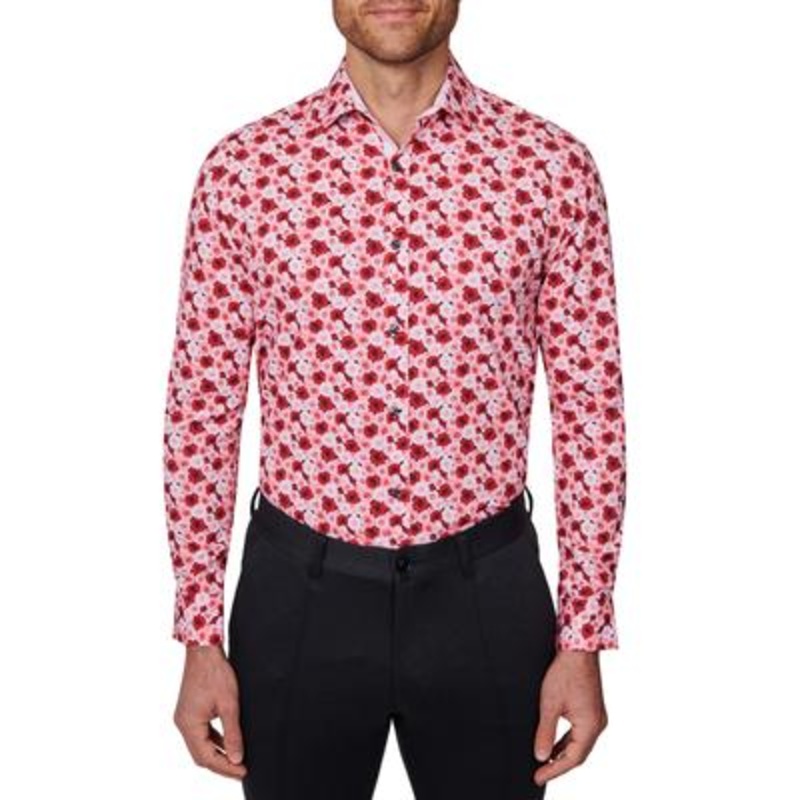Society Of Threads Men's Slim fit Floral Dress Shirt  Red Size Large