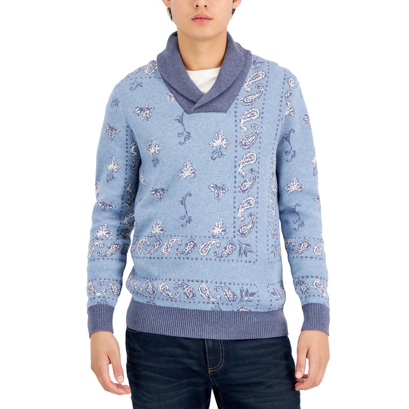 Sun + Stone Men's Bandana Jacquard Shawl Neck Sweater Spring  Blue Large