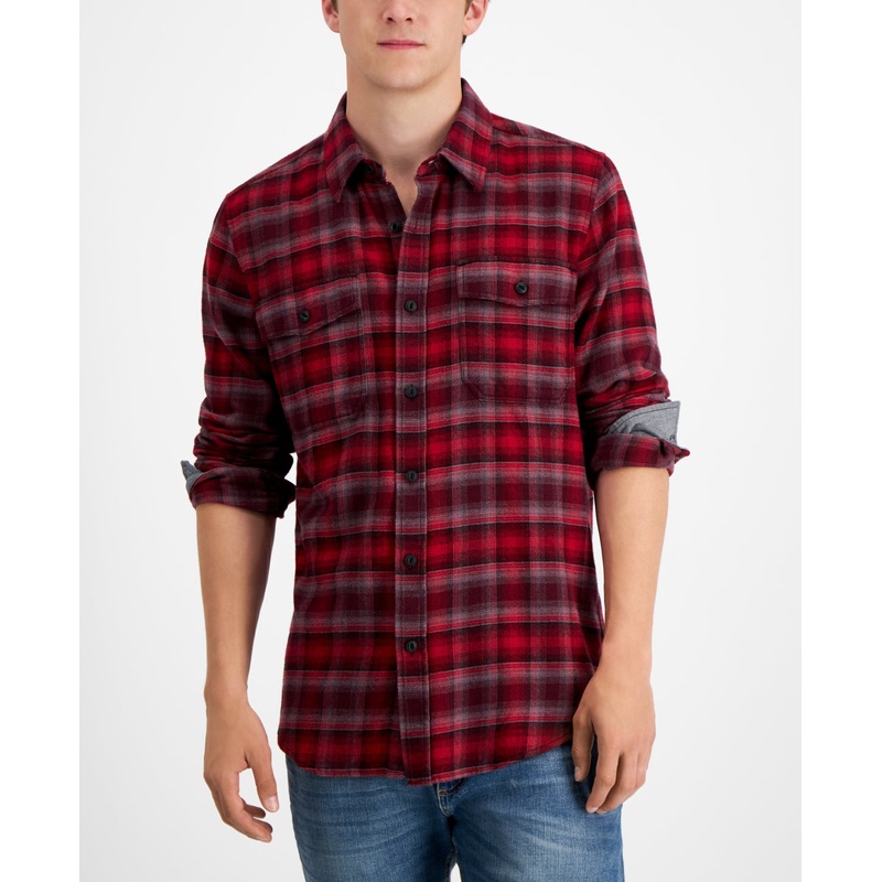 Sun + Stone Men's Red Plaid Flannel Shirt  Dark Scarlet  Size Small