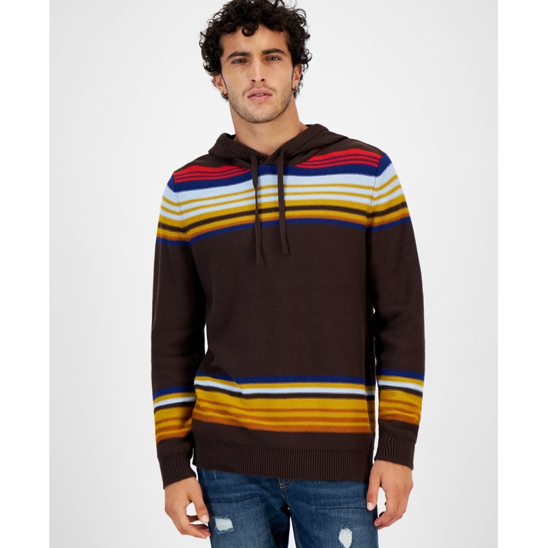 Sun + Stone Men's Striped Chenille Hooded Sweater XL Rich Chocolate Dark Brown