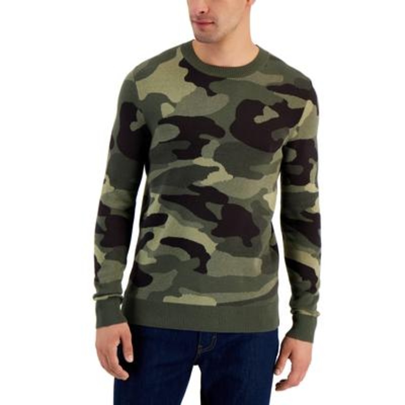 Alfani Men's Camo Pullover Crewneck Sweater Dark Green Medium