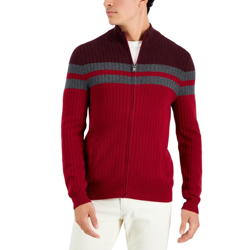 Alfani Mens Colorblock Zip Sweater Red Small