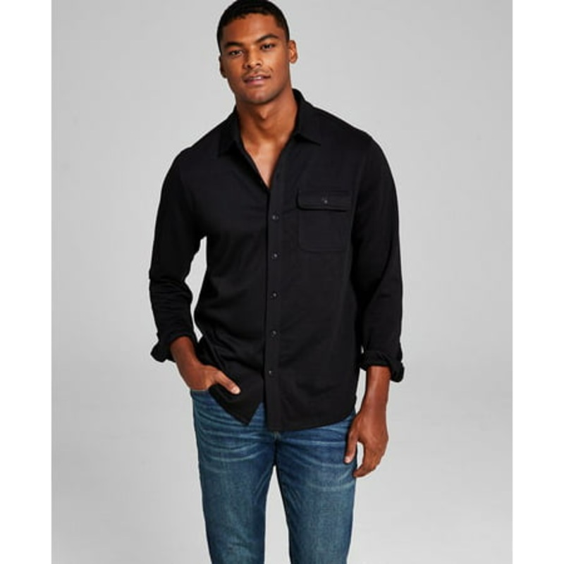 And Now This Black Men's Solid Long sleeve Button up Knit Shirt Us Large