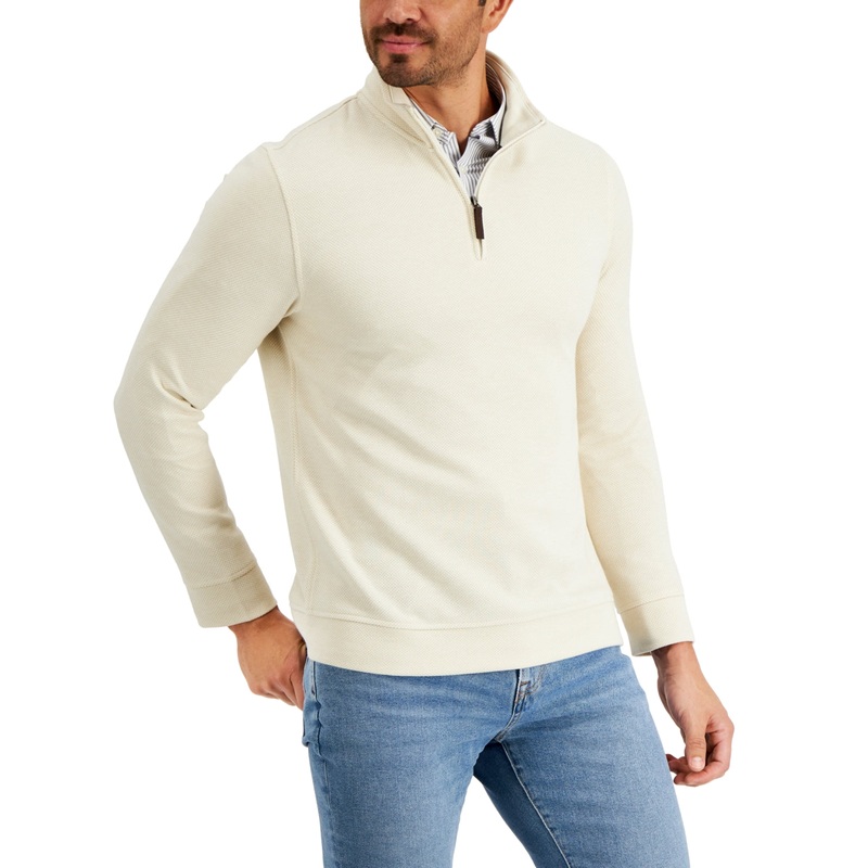 Club Room Men's Birdseye Quarter zip Pullover Lt Beige Medium