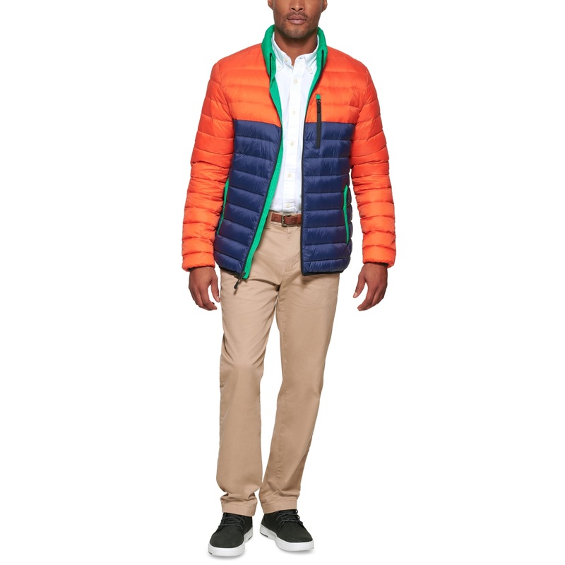Club Room Men's Down Packable Quilted Puffer Jacket Large Orange Blue