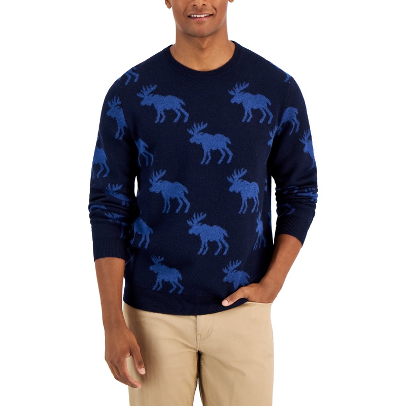 Club Room Men's Moose-print Sweater  Navy Blue  Size Medium