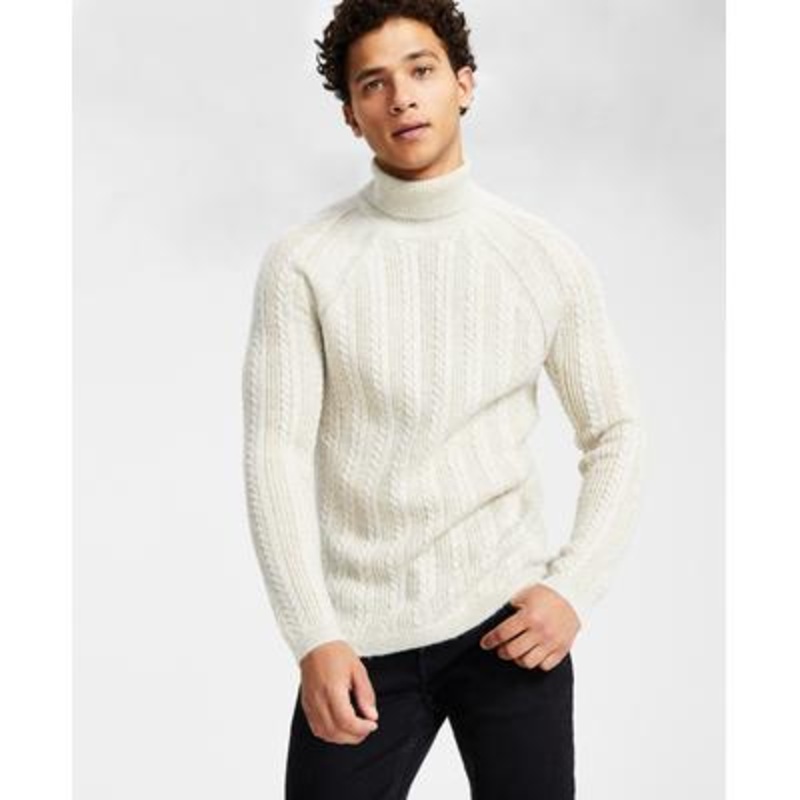 INC International Concepts Men's Metallic Cableknit Turtleneck Sweater  Antique White  Size Small