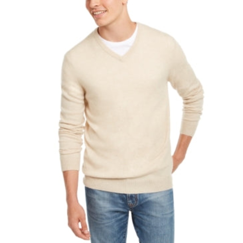 Men's Vneck Cashmere Sweater Oatmeal Heather Beige Xxl