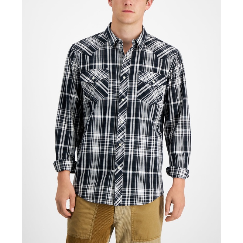 Sun + Stone Men's Remington Regular fit Plaid Western Shirt  Dark Lead Large