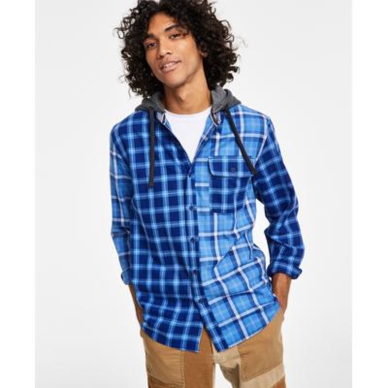Sun + Stone Men's Snyder Patchwork Plaid Shirt  Navy Blue Small