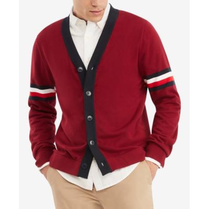 Tommy Hilfiger Men's Bill Signature Stripe Cardigan  Wine XL