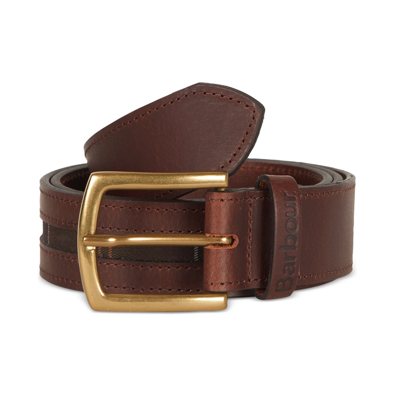 Barbour Men's Leather Belt With Signature Tartan Panel Brown Large