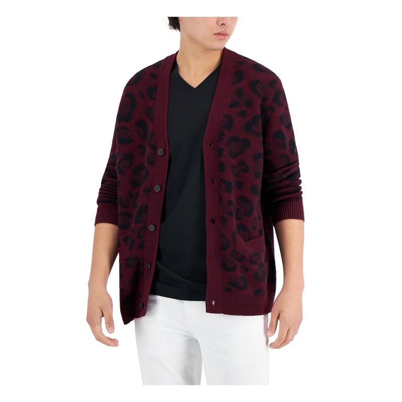 INC International Concepts Mens Animal Print Buttondown Cardigan Sweater  Wine Red XS