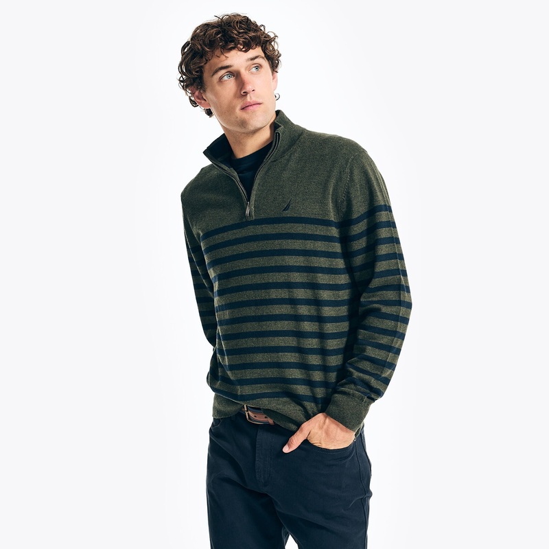 Nautica Mens Striped 1/4 Zip Pullover Sweater Dark Green 2Xl
