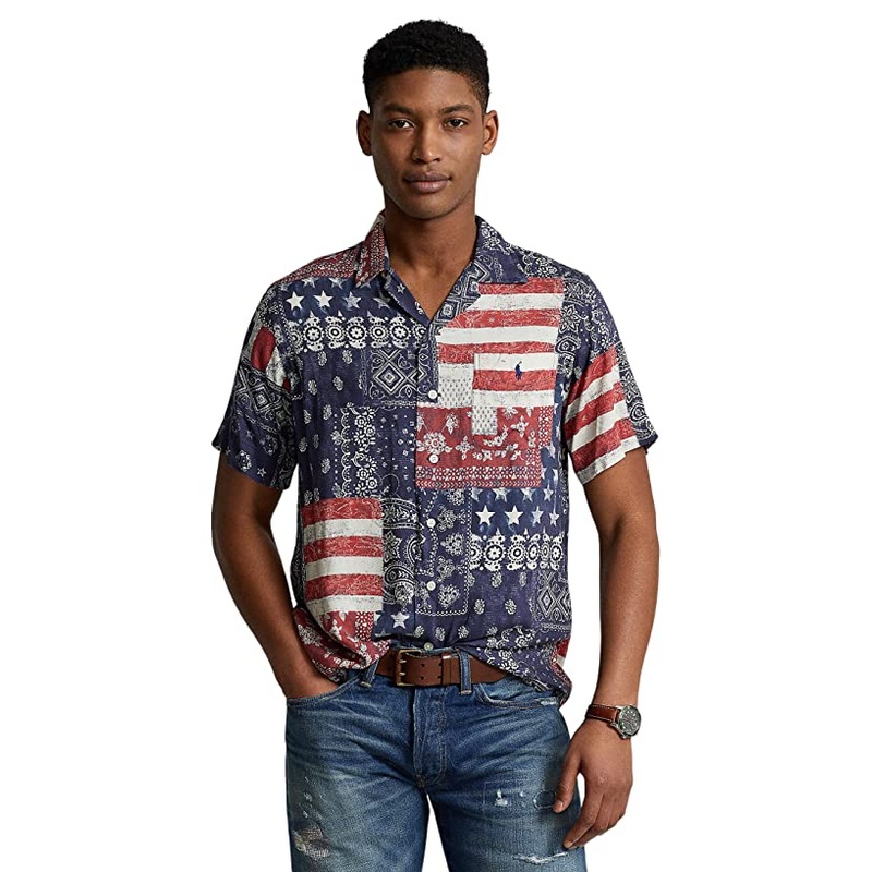 Ralph Lauren Mens Patchwork print Camp Shirt  Blue Large