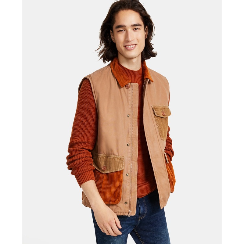 Sun + Stone Men's Corduroy Colorblocked Vest Khaki Dark Beige Xxl