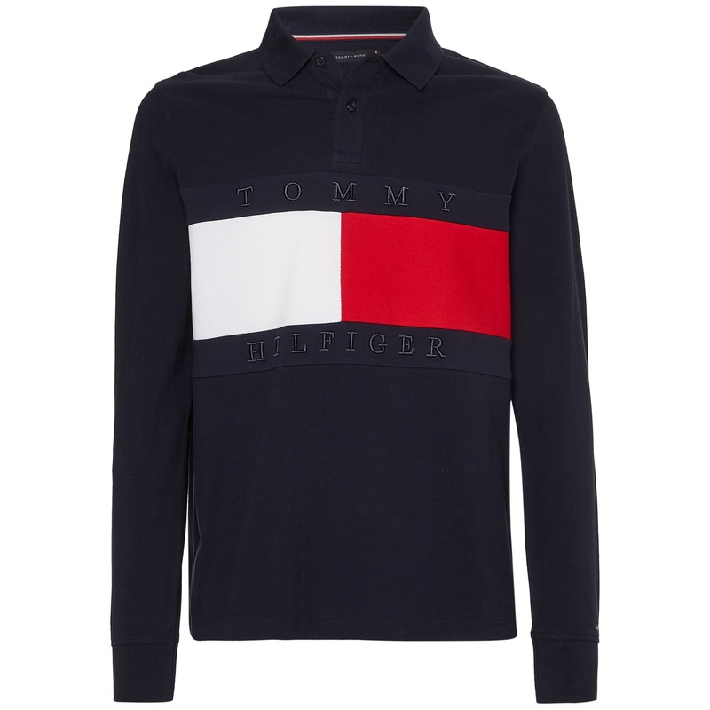 Tommy Hilfiger Men's Flag Logo Polo Shirt  Desert Sky Navy XL Long Sleeve